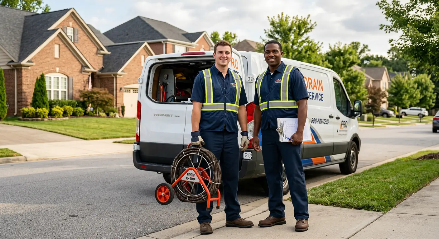 Sewer and drain service team with equipment ready for work in Essex