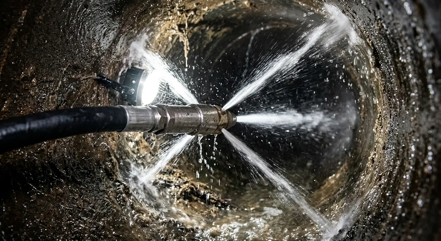 High-pressure hydro jetting nozzle cleaning sewer pipe for Storm Drain Cleaning in Essex