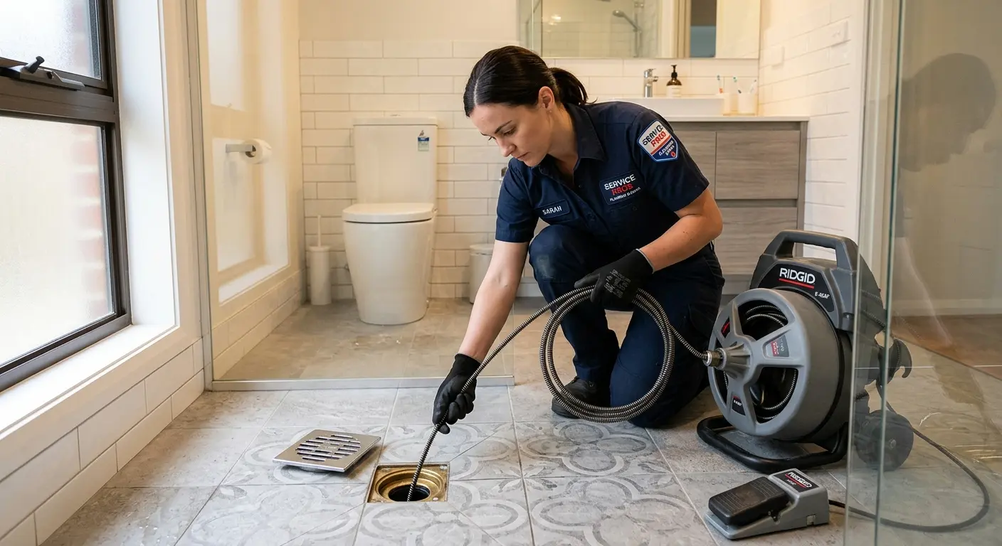 Technician clearing a bathroom floor drain for Sewer Line Replacement in Essex